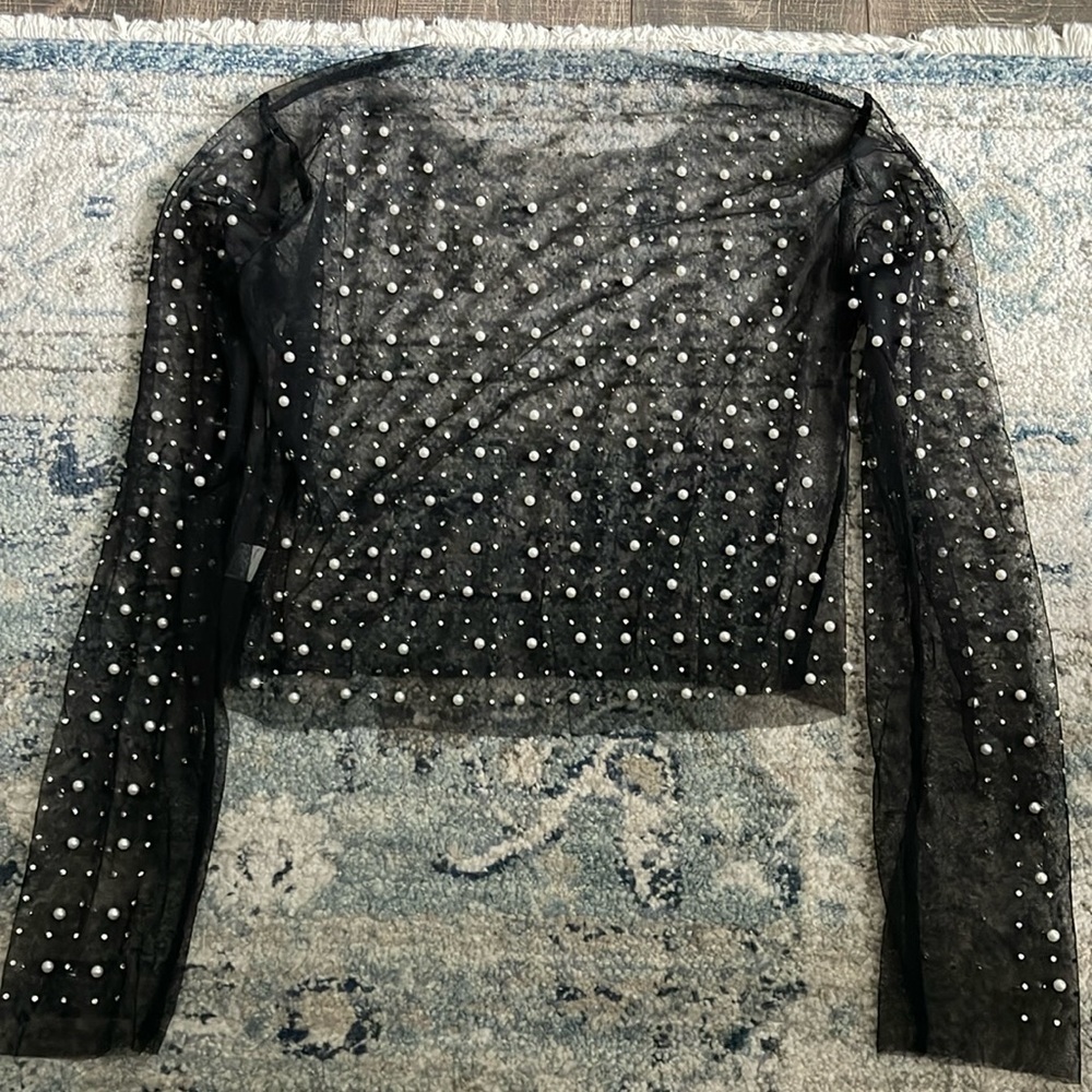 NEW-Rhinestone/Pearl See-Through Top (Size: Medium) Black